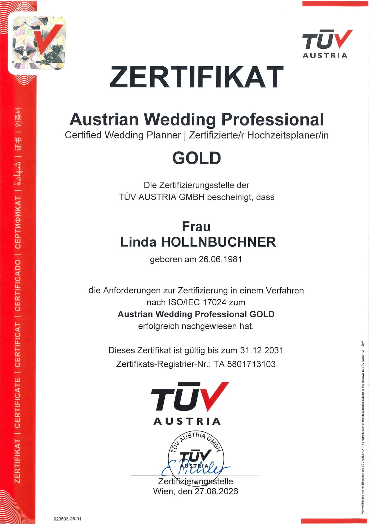 Zertifikat Austrian Wedding Professional Gold